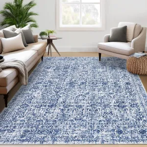Washable Rug 9x12 Area Rug for Living Room Large Rug Vintage Distressed Carpet Retro Neutral Rug Thin Soft Accent Rug Indoor Floor No Slip Rug Carpet for Bedroom Dining Room Decor,Blue