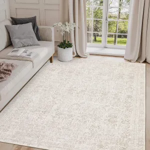 Washable Rug 5x7 Beige Vintage Floral Non Slip Stain Resistant Carpet for Living Room Bedroom Nursery