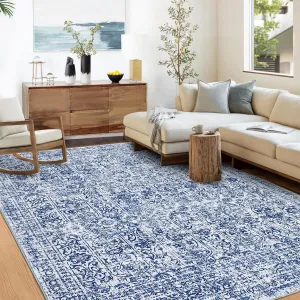 Washable Area Rugs Blue 8×10 Non-Slip Large Indoor Carpet, Stain Resistant Oriental Distressed Carpet, Soft Traditional Floral Area Rug Blue Tint