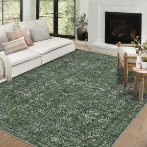 Washable Rug Large Vintage Non-Slip Stain Resistant Indoor Mats 9x12 Dark Green