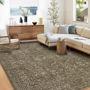 Washable Area Rugs 8x10 Non-Slip Indoor Carpet, Stain Resistant Oriental Distressed Floral Rug, Camel Tone