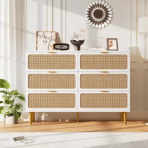 Rattan 6 Drawers Dresser for Bedroom, Large Double Dresser with Deep Drawers, Chest of Drawers for Closet with Wide Top, Long Wooden Dresser for Living Room, Hallway, Kids Room, White