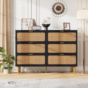 6 Drawer Rattan Dresser with Deep Drawers and Wide Top, Natural Wood, Metal Legs, Reinforced Frame, for Bedroom and Living Room, Black
