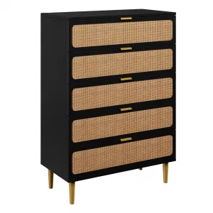 5 Drawer Dresser for Bedroom, Rattan Chest of Drawers with Deep Drawers, Large Modern Double Dresser for Closet with Wide Top, Horizontal Wooden Dresser for Living Room, Hallway, Kids Room, Black