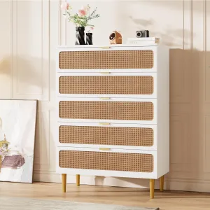 5 Drawer Dresser for Bedroom, Rattan Chest of Drawers with Deep Drawers, Large Modern Double Dresser for Closet with Wide Top, Horizontal Wooden Dresser for Living Room, Hallway, Kids Room, Natural