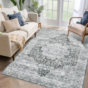 Vintage Area Rug 5x7 Grey Washable Indoor Bedroom Kitchen Living Room Carpet Retro Distressed