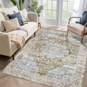 Area Rug 8x10 Large Living Room Vintage Floral Washable Carpet Taupe Soft Faux Wool Non-Slip