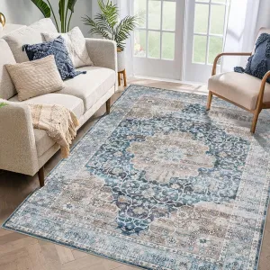 9x12 Machine Washable Area Rug Non Slip Vintage Floral Pattern Carpet Blue for Living Room Bedroom Dining Room