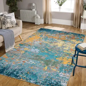 Area Rug Golden Blue 4x6 Washable Rug Modern Abstract Non-Slip Soft Throw Carpet for Living Room Bedroom Dining Room