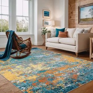 Modern Abstract Area Rug Golden Blue 5x7 Machine Washable Non Slip Accent Rug for Bedroom Living Room Nursery Office Kitchen