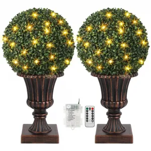 Set of 2 Artificial Plant Topiary Ball Pre-Lit Artificial Topiary Plant with Lights, Timer, Remote Control and Light Base for Outdoor Indoor, Red