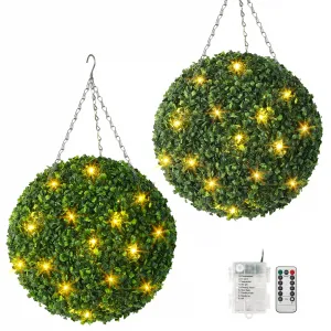 16” Artificial Plant Topiary Ball, Pre-Lit Artificial Topiary Plant With 8 Mode, 30 LED Lights, Battery Operated,and Remote Control, Light Plant Ball for Backyard, Wedding and Home DéCor (2-Pack)