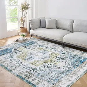 Washable Rug 9x12 Vintage Distressed Rug Non Slip Rug for Living Room Stain Resistant Throw Rug Low Pile Accent Rug Indoor Floor Cover for Bedroom Dining Room, Blue Multi