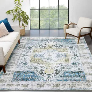 Washable 5x7 Area Rugs Vintage Oriental Rug Ultra-Thin Low Pile Distressed Rug Stain Resistant Carpet Vintage Rugs for Bedroom with Non Slip Backing, Blue Multi