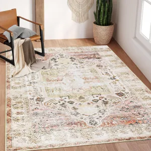 Washable 5x7 Area Rugs Vintage Living Room Rug Oriental Rug Vintage Rugs for Bedroom Ultra-Soft Low Pile Distressed Rug Stain Resistant Non Slip Carpet for Dining Room, Taupe Multi