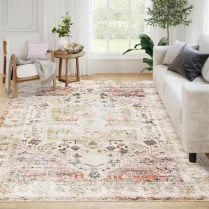 Area Rug 4x6 Washable Rug for Living Room Stain Resistant Carpet Vintage Rugs Ultra Soft Indoor Floor Cover Accent Rug Low Pile Entryway Rug Thin Rug for Bedroom Dining Room, Taupe Multi