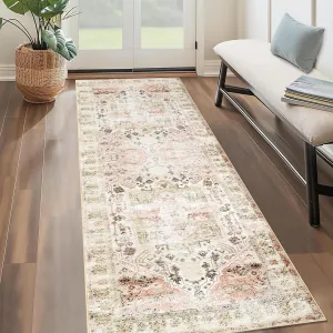 Washable Runner Rug 2x6 Vintage Hallway Rug Traditional Floor Cover Non Slip Kitchen Rug Soft Laundry Room Rug Low Pile Distressed Rug for Bedroom Bathroom, Taupe Multi