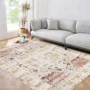 Area Rug 10x13 Washable Rug for Living Room Vintage Oriental Medallion Rug Low Pile Ultra Thin Rug Stain Resistant Accent Rug for Bedroom Home Decor, Taupe Multi