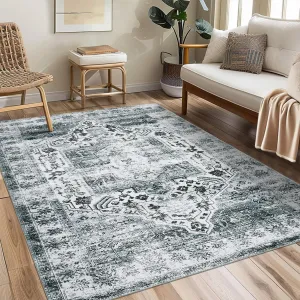 Washable Rug 9x12 Living Room Rug Vintage Distressed Rug Non Slip Rug for Bedroom Stain Resistant Throw Rug Low Pile Accent Rug Indoor Floor Cover for Nursery Dining Room, Grey Multi