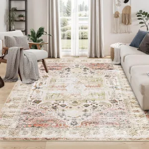 Washable Area Rug 3x5 Vintage Oriental Medallion Rug Non Slip Ultra-Thin Rug Soft Area Rug for Living Room Low Pile Distressed Rug Indoor Floor Cover for Bedroom, Taupe Multi