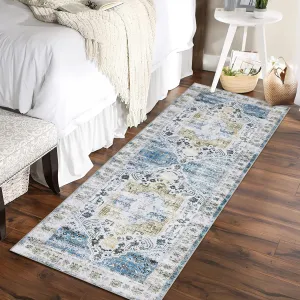 Runner Rug 2x6 Vintage Hallway Rug Washable Area Rug Soft Area Rug for Bedroom Stain Resistant Rugs with Non Slip Backing Low Pile Rug for Kitchen Bathroom, Blue Multi