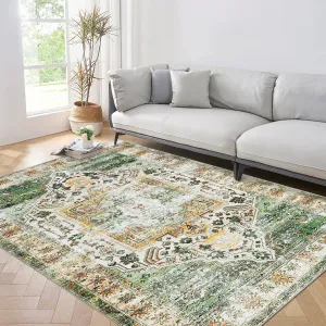 Washable Rug Orange Green 9x12 Vintage Distressed Rug Non Slip Rug for Living Room Stain Resistant Throw Rug Low Pile Accent Rug Indoor Floor Cover for Bedroom Dining Room