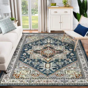 Vintage Area Rugs 5x7 Machine Washable Blue, Large Non-Slip Stain Resistant Rug for Living Room Bedroom Dining Room Office Home