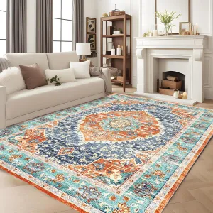 Red & Blue 8x10 Area Rug - Stain Resistant Washable Rug, Non-Slip Backing, Low Profile, for Living Room, Bedroom, and Dining Room