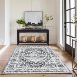Grey 4x6 Vintage Style Area Rug - Machine Washable, Non Slip, Low Pile Lightweight Print, for Living Room, Bedroom, Dining Room, and Home Office