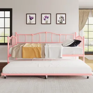 Metal Daybed with Trundle Bed, Twin Size Day Bed with Premium Metal Frame and Steel Slat Support, Daybed and Roll Out Trundle, Metal Sofa Day Bed for Living Room, Bedroom, Pink
