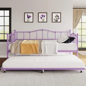 Metal Daybed with Trundle Bed, Twin Size Day Bed with Premium Metal Frame and Steel Slat Support, Daybed and Roll Out Trundle, Metal Sofa Day Bed for Living Room, Bedroom, Purple