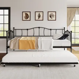 Metal Daybed with Trundle Bed, Twin Size Day Bed with Premium Metal Frame and Steel Slat Support, Daybed and Roll Out Trundle, Metal Sofa Day Bed for Living Room, Bedroom,Black