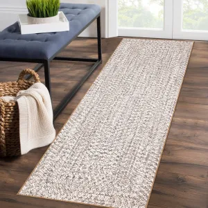 Beige 2x6 Washable Rug Non Slip Printed Braided Hallway Runner Rug Rubber Backing Low Pile