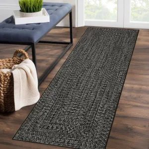 Washable Runner Rug Dark Grey 2x10 Hallway Runners Printed Braided Distressed Runner Rug Solid Printed Weaving Entryway Carpet for Kitchen Living Room Home Office