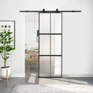 Glass Barn Door 36in x 84in, Top Mounted Black Carbon Steel Tempered Frosted Glass Sliding Door, Hardware Kit Include Soft Close Mechanism, Easy Assemble