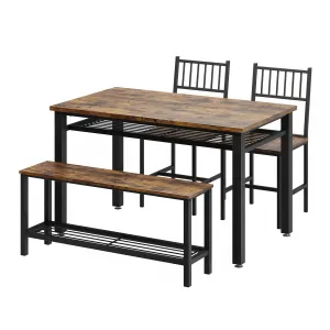 Kitchen Table Chairs Set for 4 with 2 Chairs and Bench, 4 Pieces Dining Table Set with Storage Rack & Metal Frame, Kitchen Table Set with for Small Space, Apartment (Brown)