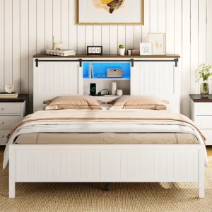 Farmhouse Bed Frame Queen Size With LED Lights and Charging Station, Wooden Platform Queen Bed With Storage Bookcase Headboard, Queen Bed Frame With Sliding Barn Door, No Box Spring Needed