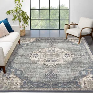 Vintage Medallion Area Rug 8x10 Washable Low Pile Non Slip Retro Accent Rug Grey Blue Green for Living Room Bedroom Dining Table Home Office