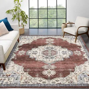 Washable Area Rug Vintage Medallion Distressed Rug Low Pile Indoor Floor Cover 5x7 Rust/Beige