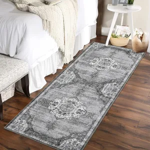 Runner Rug Vintage Medallion Non Slip Washable 2x6 Grey Low Pile Thin Accent Rug for Hallway Living Room Bedroom