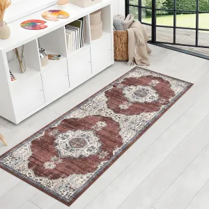 Runner Rug 2x6 Vintage Medallion Non Slip Low Pile Washable Accent Rug Rust Beige for Hallway Living Room Bedroom