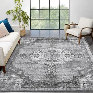 Washable Area Rug Vintage Medallion 5x7 Grey Low Pile Indoor Floor Rug for Living Room Bedroom Dining Room