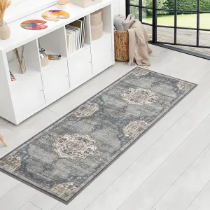 Runner Rug 2x6 Vintage Hallway Area Rug Medallion Washable Living Room Non Slip Bedroom Rug Low Pile Thin Rug Accent Throw Rug Distressed Rug for Kitchen Bathroom, Grey/Blue/Green
