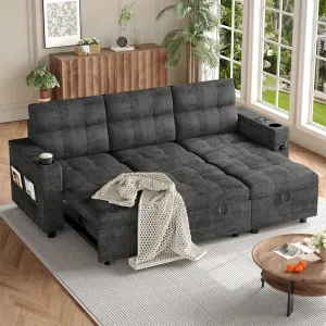 L-Shaped Sectional Sleeper Sofa with Pull Out Bed,  Reversible Storage Chaise, Hidden Storage Armrests, Cup Holders & USB Charging Ports, Convertible Couches for Living Room, Apartment, Gray