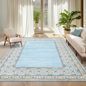Modern Washable Area Rug - Soft Low Pile Collapsible Carpet, Non-Slip & Mark Resistant - For Living Room, Bedroom, Dining, Nursery - Light Blue, 9x12ft