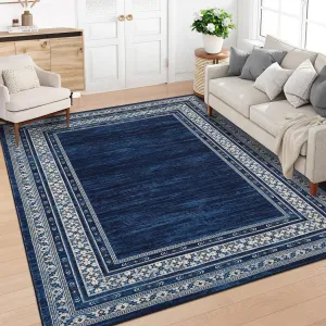 Washable Modern Area Rug 6x9 – Soft Low Pile Non-Slip Carpet, Stain Resistant Bordered Rug for Living Room & Bedroom, Blue