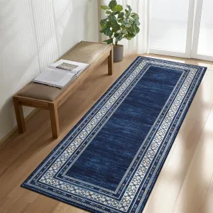 Bordered Navy Blue 2x6 Runner Rug, Non Slip Washable Soft Carpet for Kitchen, Bathroom, Entryway & Laundry Room