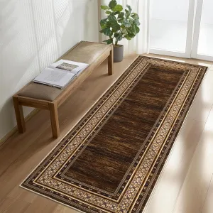 Bordered Red-Brown 2x6 Vintage Washable Kitchen Runner Rug, Solid Border Design, Non-Slip Low Pile Neutral Carpet for Hallway, Laundry, Bathroom, and Bedroom