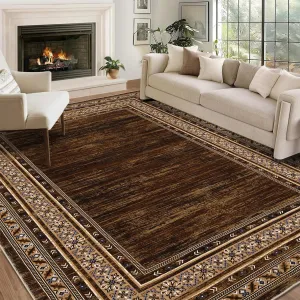 Bordered Red-Brown 9x12 Washable Area Rug – Modern Solid Design, Stain-Resistant, Low-Pile, Non-Slip Carpet for Living Room, Bedroom, or Dining Room