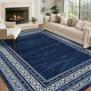 Bordered Navy Blue 10x13 Washable Rug, Non Slip Soft Carpet for Kitchen, Bathroom, Entryway & Laundry Room